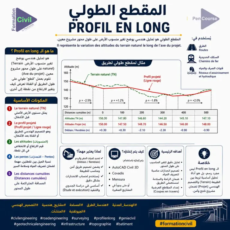 📌 المقطع الطولي في الهندسة المدنية | Profil en Long en Génie Civil | شرح مفصل + تطبيقات الطرق والمساحة